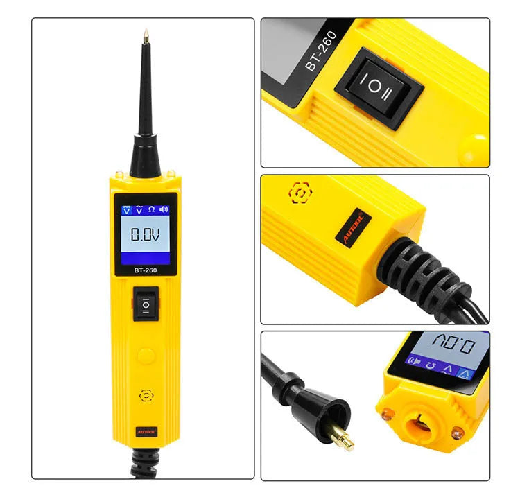 BT260 yellow automotive circuit voltage tester with LCD screen, LED lamp, and probe