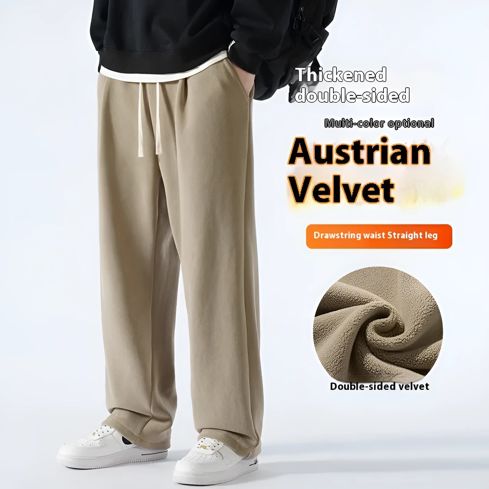 Man wearing apricot coloured loose-fit fleece-lined casual trousers with an elasticated waist.