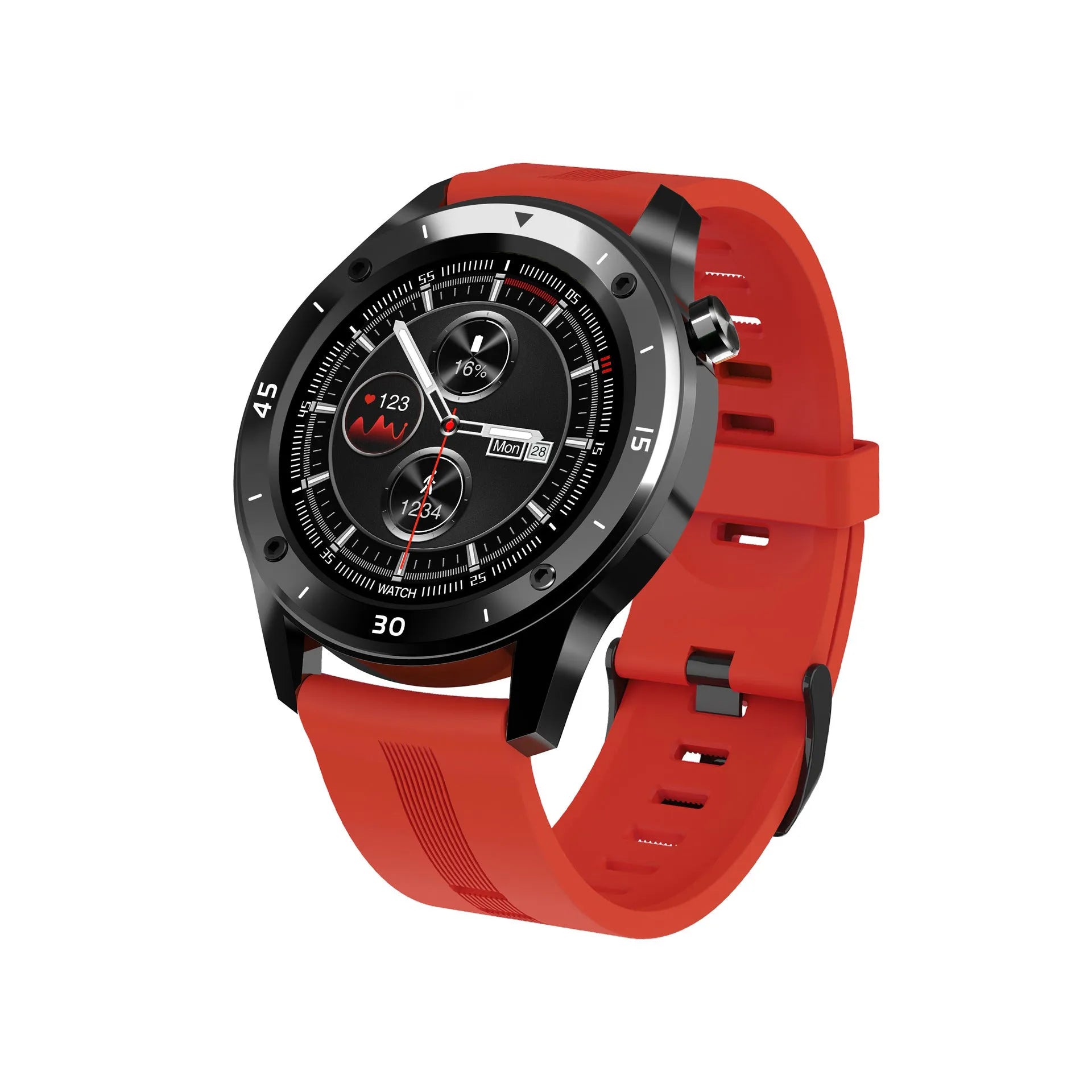 Black smartwatch with fitness tracking on a wrist, showing a 1.54-inch screen displaying heart rate and steps.