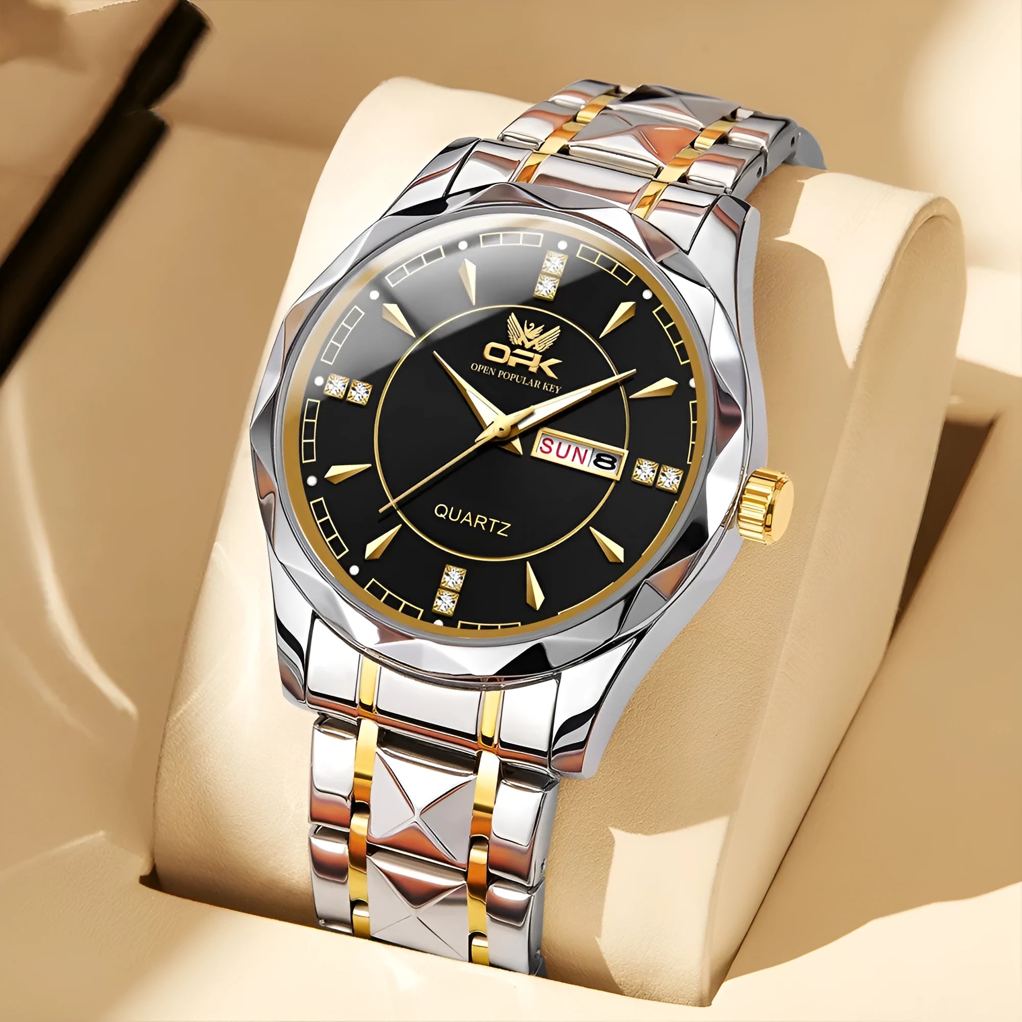 Round stainless steel men's watch with double calendar display on white background
