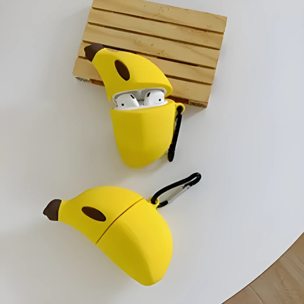 Yellow banana design silicone protective case for Apple AirPods Pro.