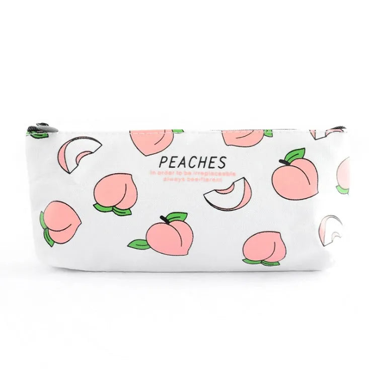 Rectangular canvas pen bag in peach print pattern, 20 by 8.5 centimetres, on a flat surface.