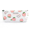 Rectangular canvas pen bag in peach print pattern, 20 by 8.5 centimetres, on a flat surface.
