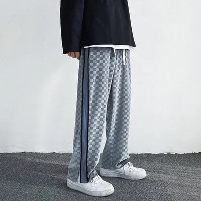Falling Sense straight loose fit wide leg casual polyester trousers in grey, front view