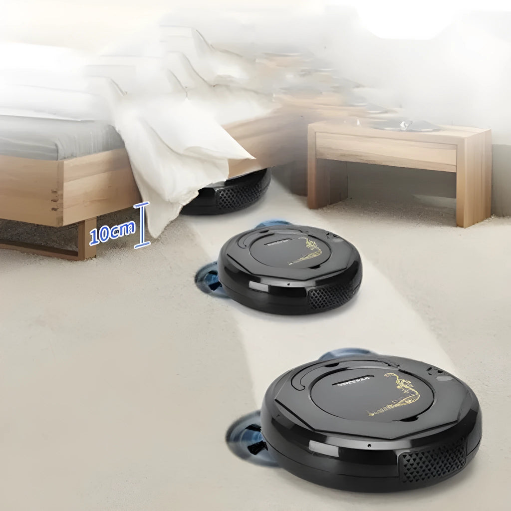 Lazy Smart Vacuum Cleaner in black on a tile floor with charging dock, brush and rag visible