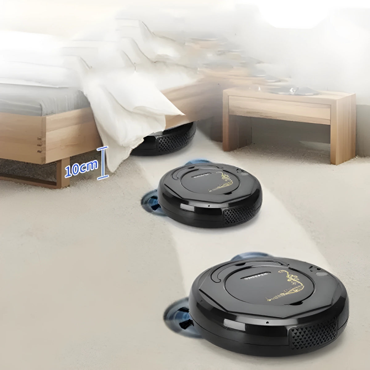 Lazy Smart Vacuum Cleaner in black on a tile floor with charging dock, brush and rag visible
