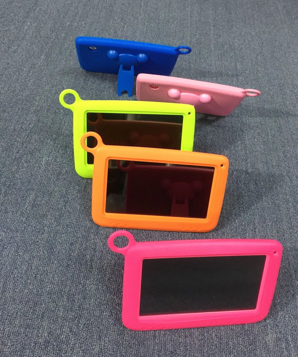 Children's tablet with 7-inch capacitive touch screen in black, showing front display and ABS plastic shell