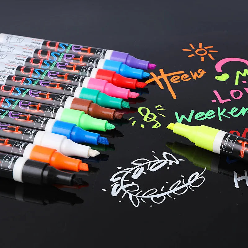 Set of 8 colourful fluorescent board pens with 6mm chisel tip on white background