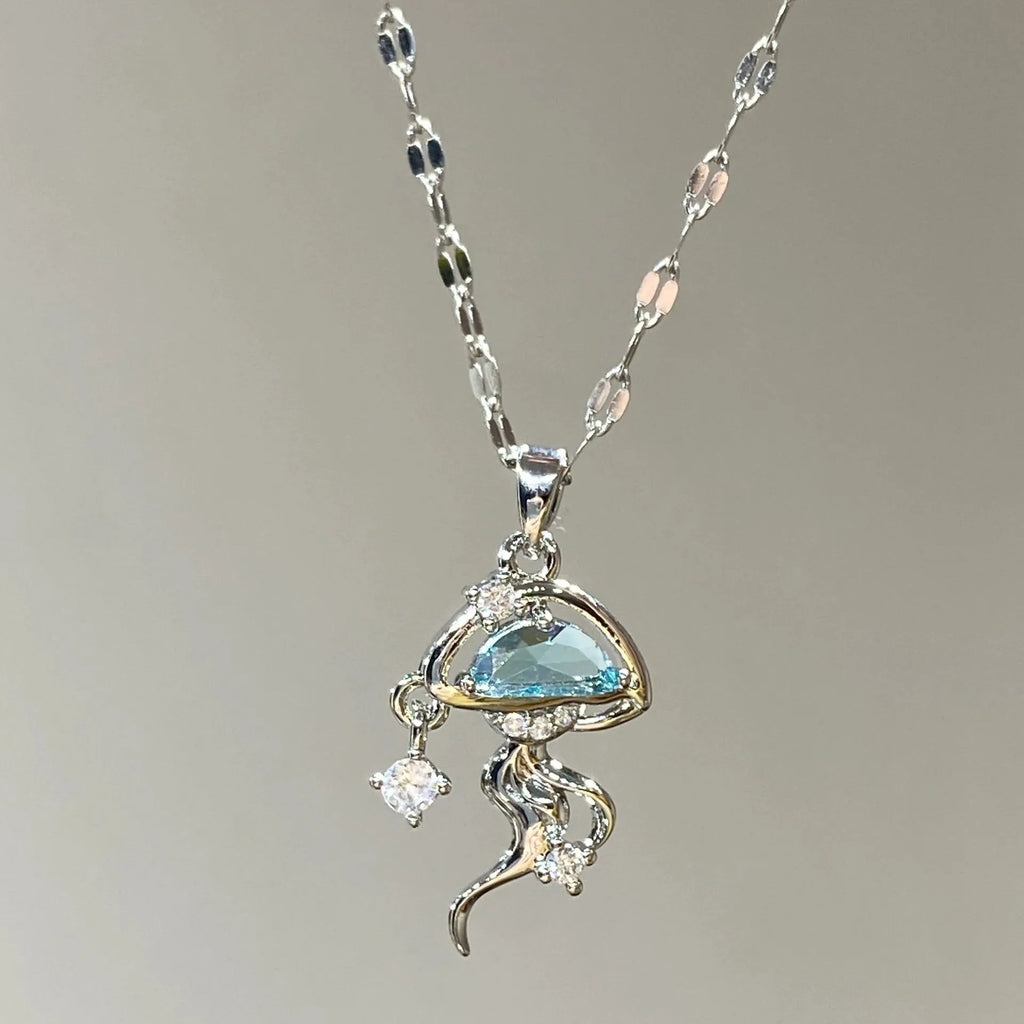 S925 sterling silver blue jellyfish necklace with adjustable length and white gold colour finish