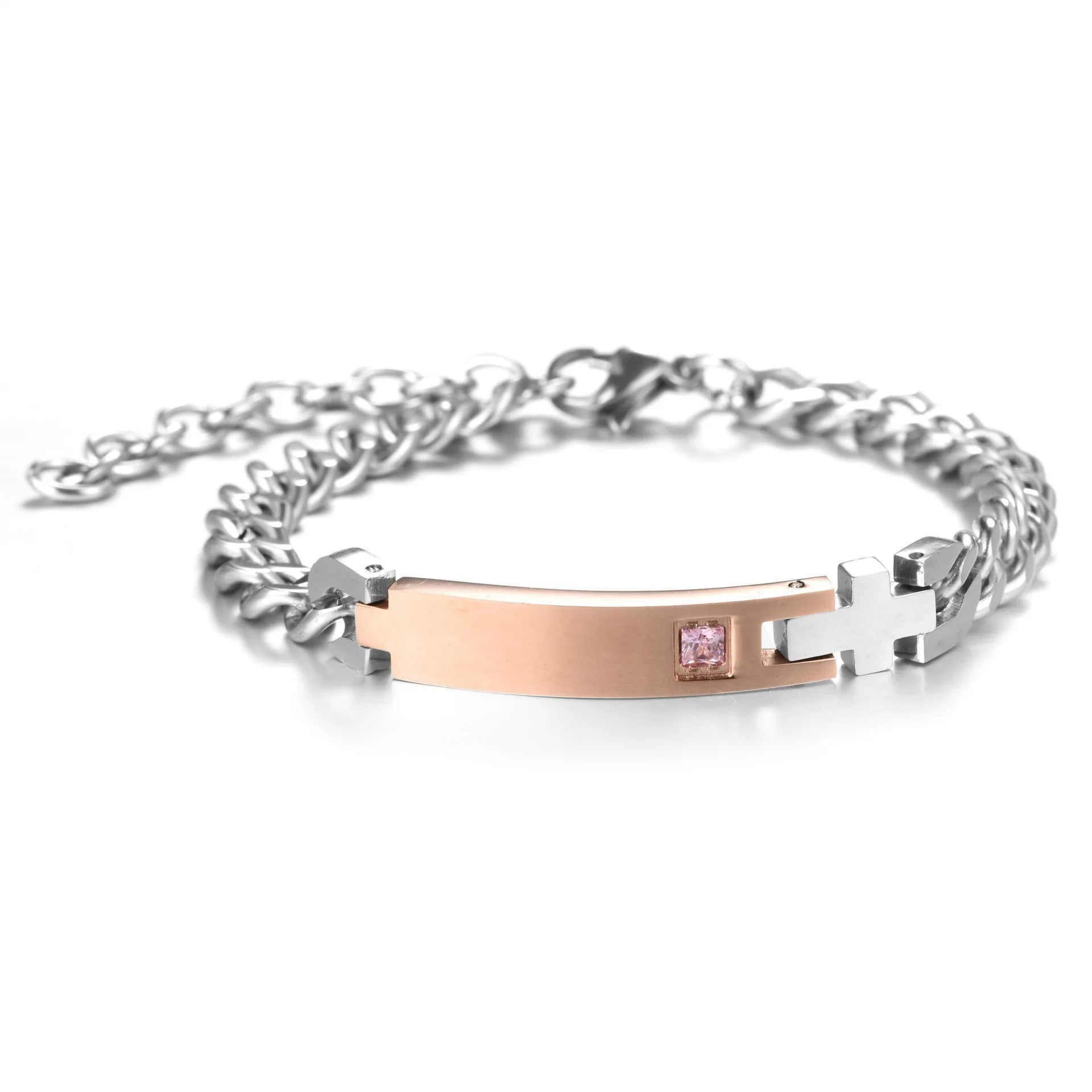 Gold and black couple bracelets in stainless steel with geometric design and adjustable chain lengths