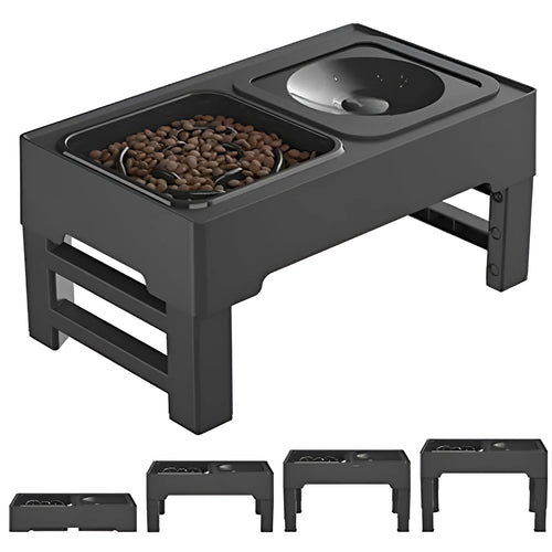 Adjustable height elevated dog bowl station with slow feeder and water bowl on anti-slip legs