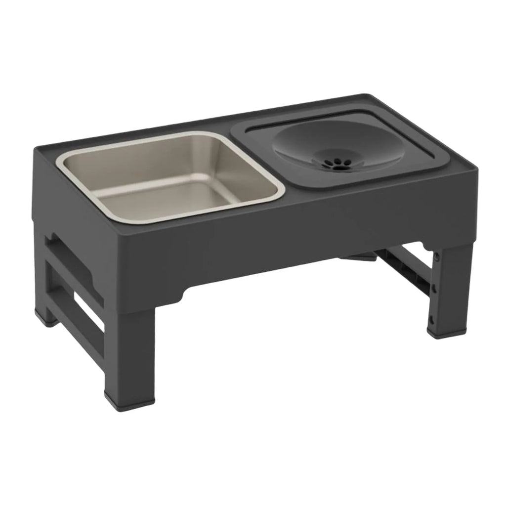 Adjustable height elevated dog bowl station with slow feeder and water bowl on anti-slip legs