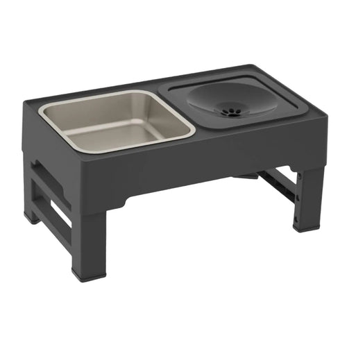 Adjustable height elevated dog bowl station with slow feeder and water bowl on anti-slip legs