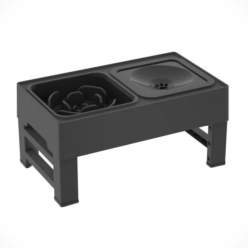 Adjustable height elevated dog bowl station with slow feeder and water bowl on anti-slip legs