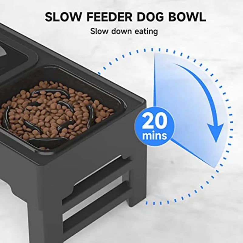 Adjustable height elevated dog bowl station with slow feeder and water bowl on anti-slip legs