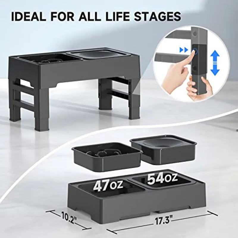 Adjustable height elevated dog bowl station with slow feeder and water bowl on anti-slip legs