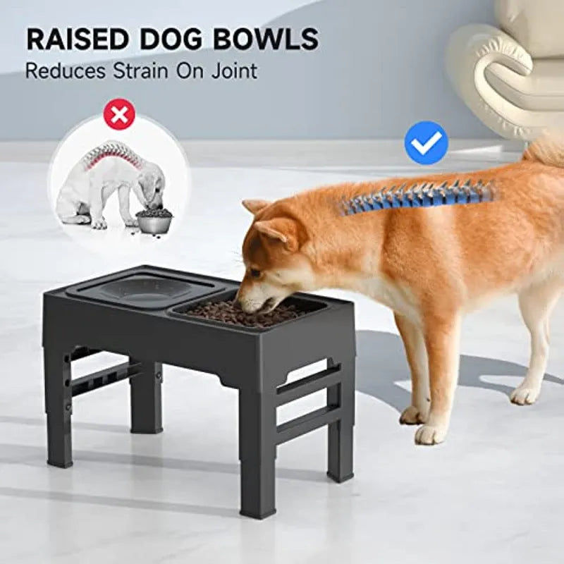 Adjustable height elevated dog bowl station with slow feeder and water bowl on anti-slip legs