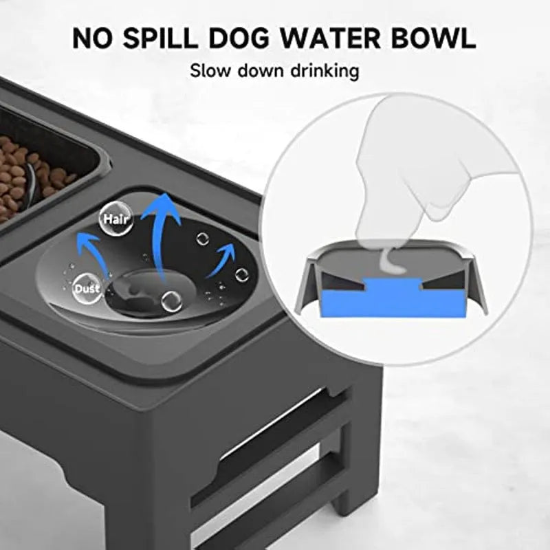 Adjustable height elevated dog bowl station with slow feeder and water bowl on anti-slip legs