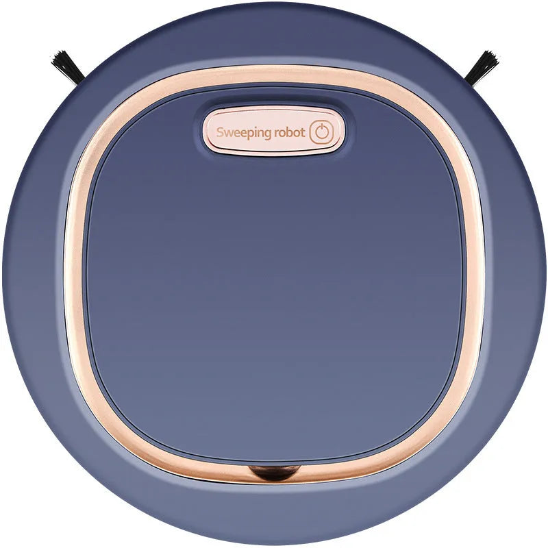 Blue and black intelligent sweeping robot vacuum cleaner on a hard floor with remote control