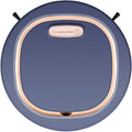 Blue and black intelligent sweeping robot vacuum cleaner on a hard floor with remote control