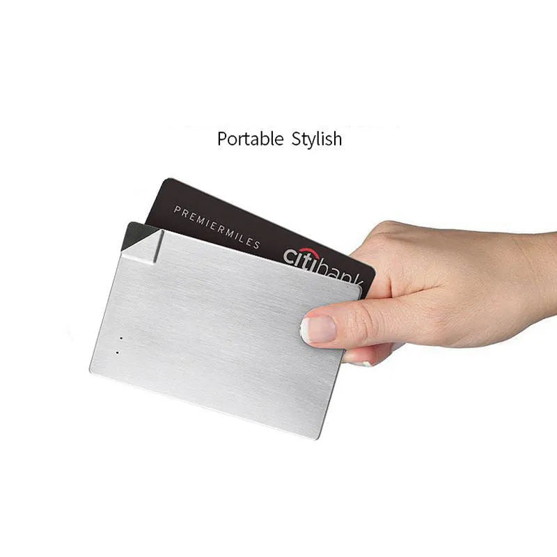 Sliver graphene battery power bank showing compact 140mm x 72mm x 4mm dimensions