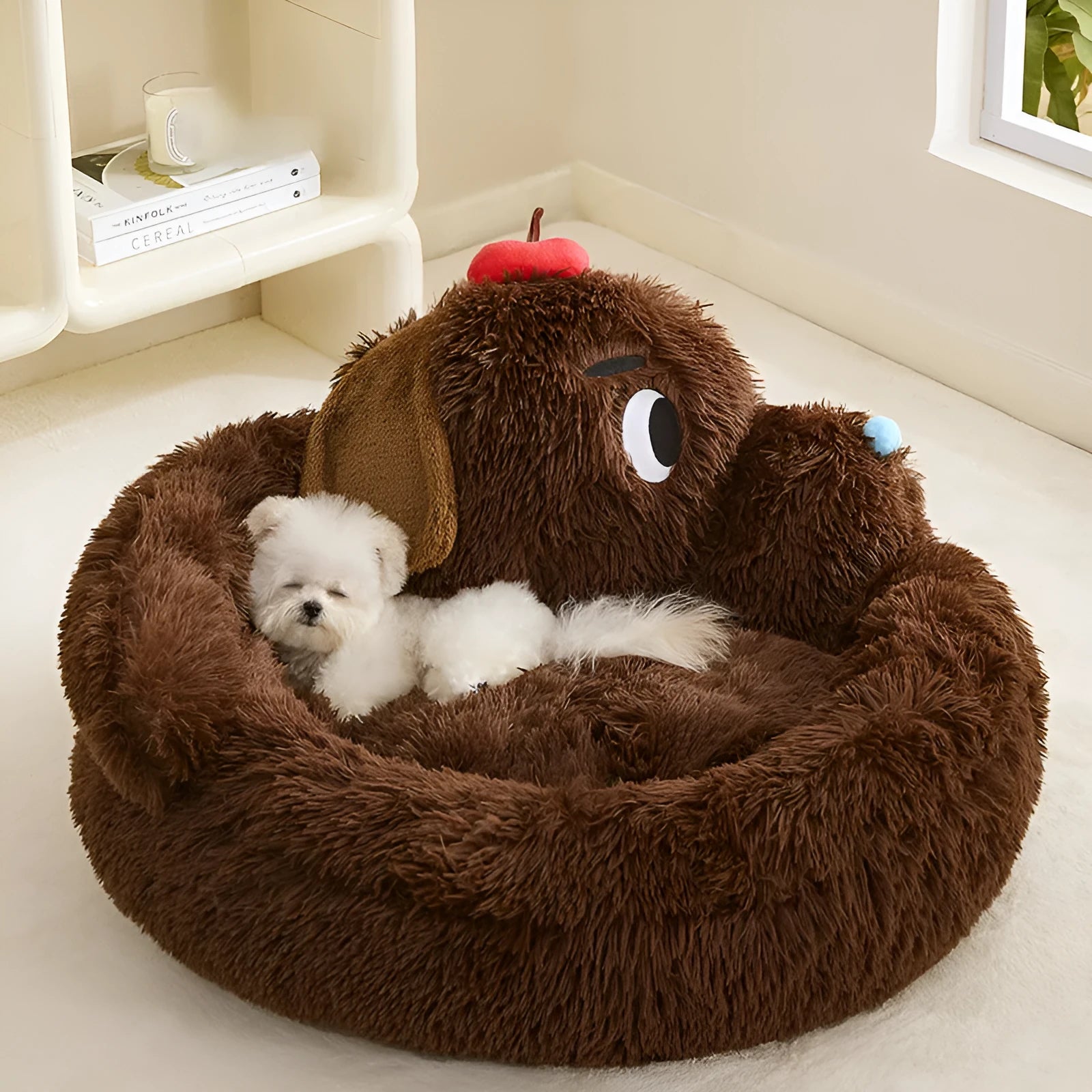Plush faux fur sofa bed for a small dog or cat, shown in two size options.
