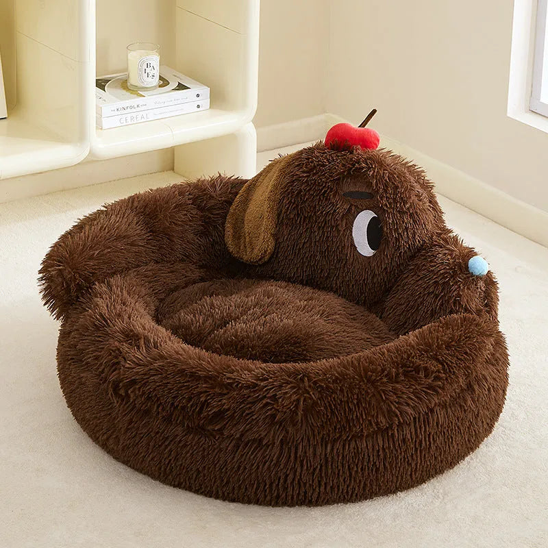 Plush faux fur sofa bed for a small dog or cat, shown in two size options.