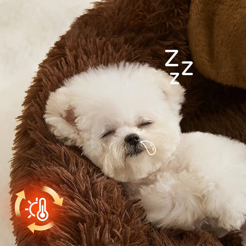 Plush faux fur sofa bed for a small dog or cat, shown in two size options.
