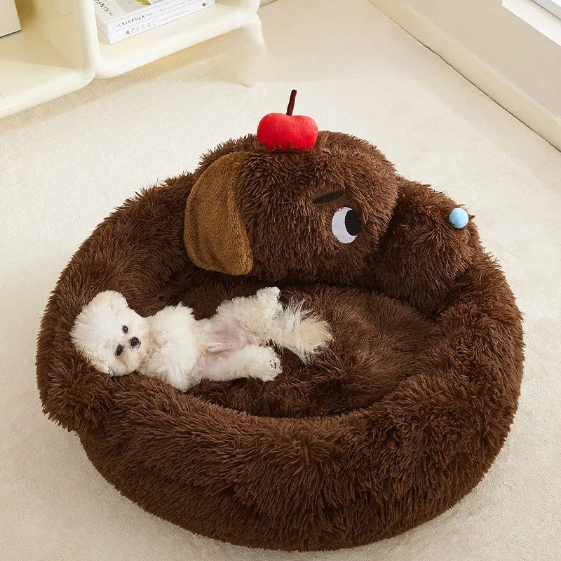 Plush faux fur sofa bed for a small dog or cat, shown in two size options.