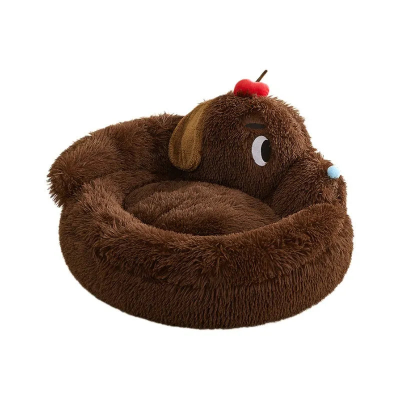 Plush faux fur sofa bed for a small dog or cat, shown in two size options.