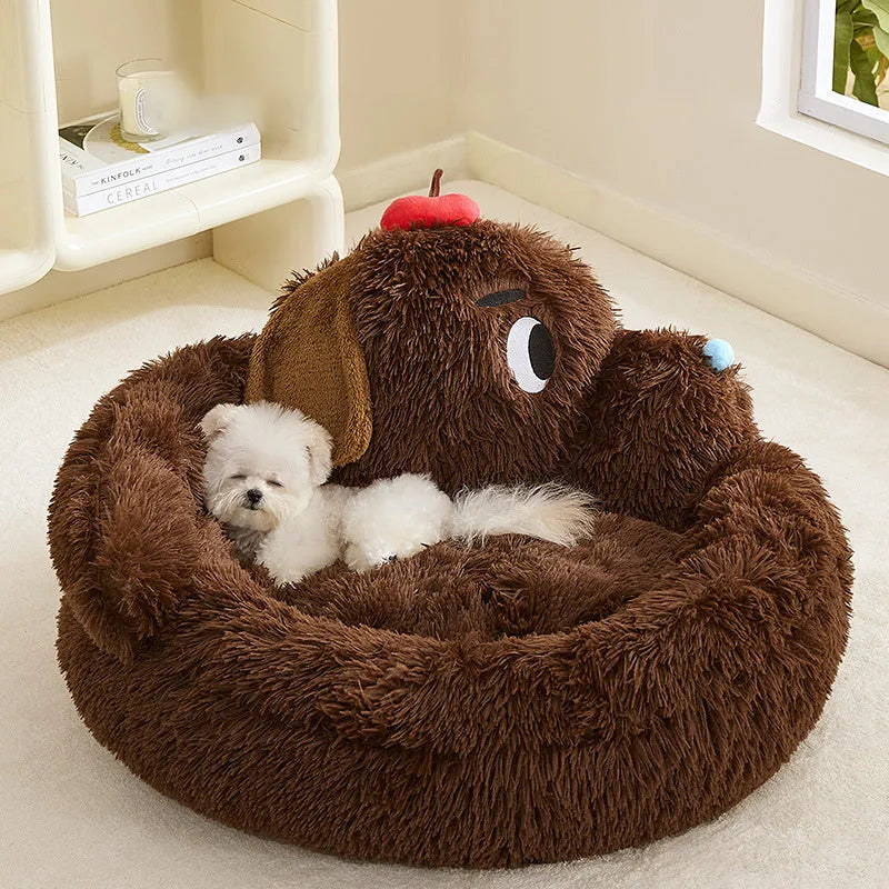 Plush faux fur sofa bed for a small dog or cat, shown in two size options.