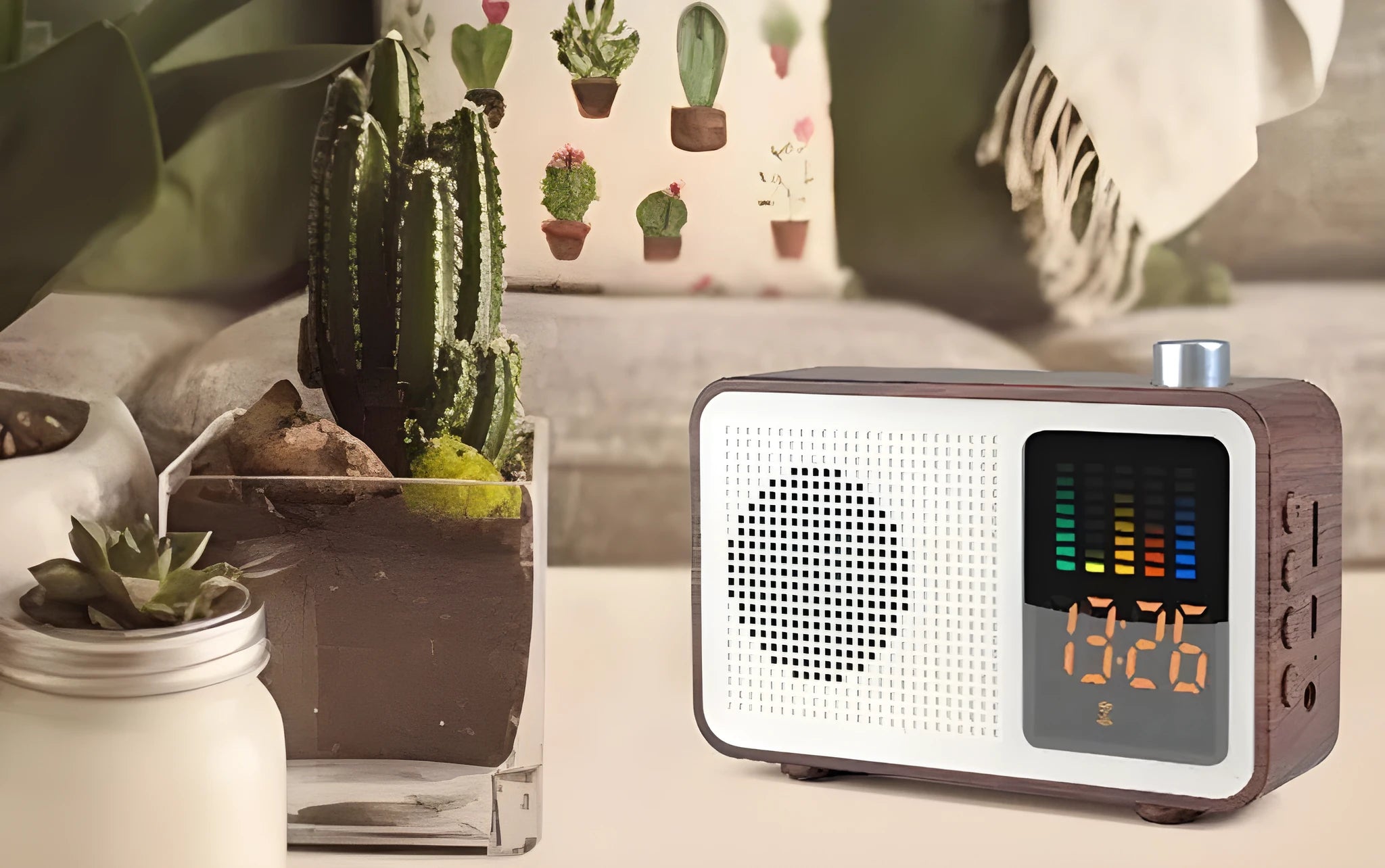 Brown vintage-style portable Bluetooth and FM radio speaker with wooden-effect casing.