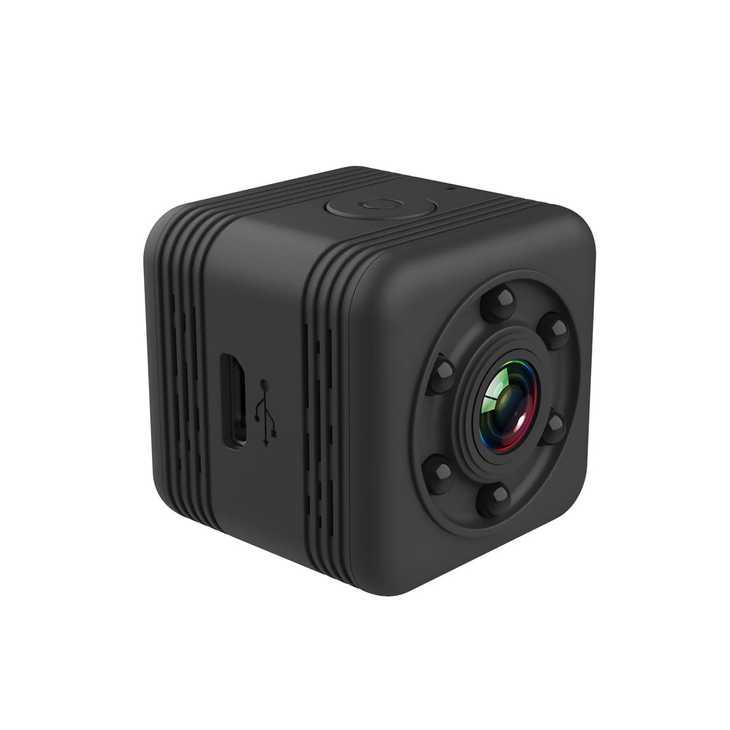 Black SQ29 waterproof sports camera showing MicroUSB port and TF card slot.