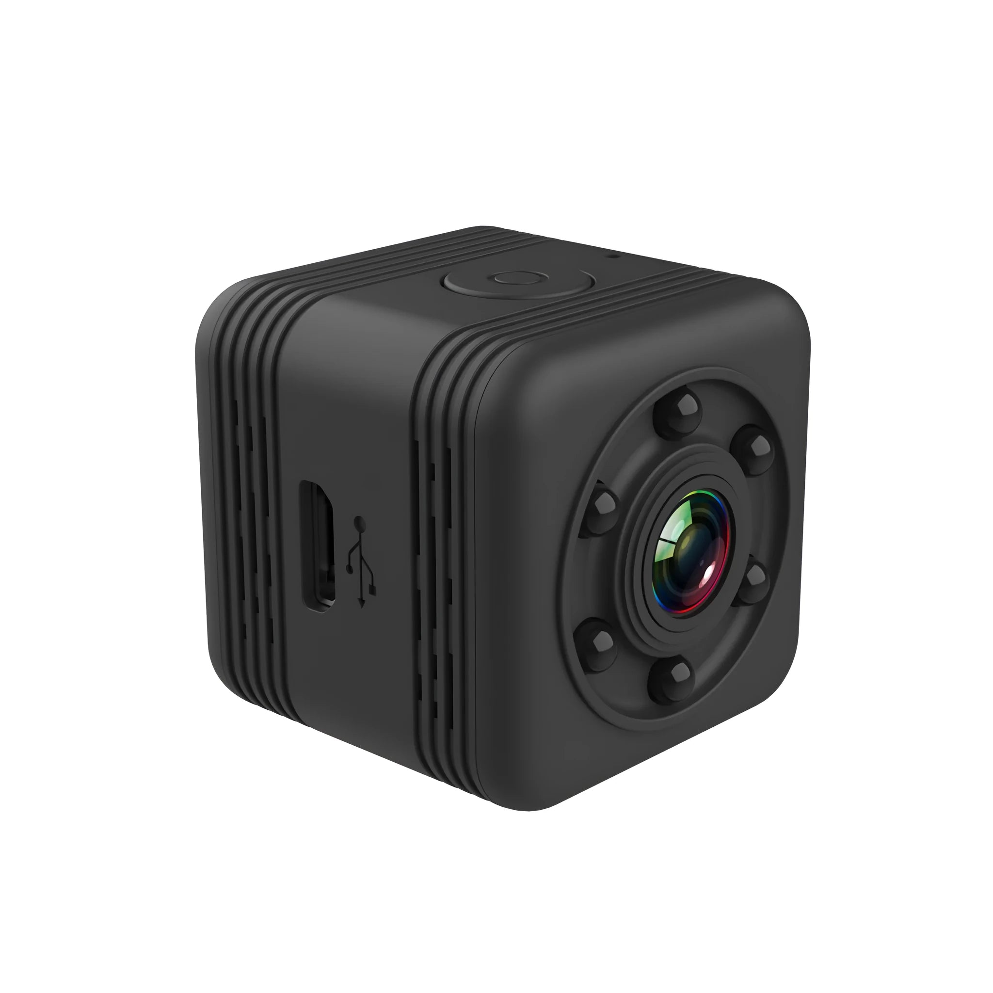 Black SQ29 waterproof sports camera showing MicroUSB port and TF card slot.