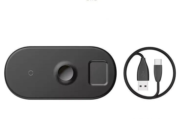 Smart three-in-one wireless charger for phone, watch, and earphones, shown in black on a desktop with a smartphone placed on the pad