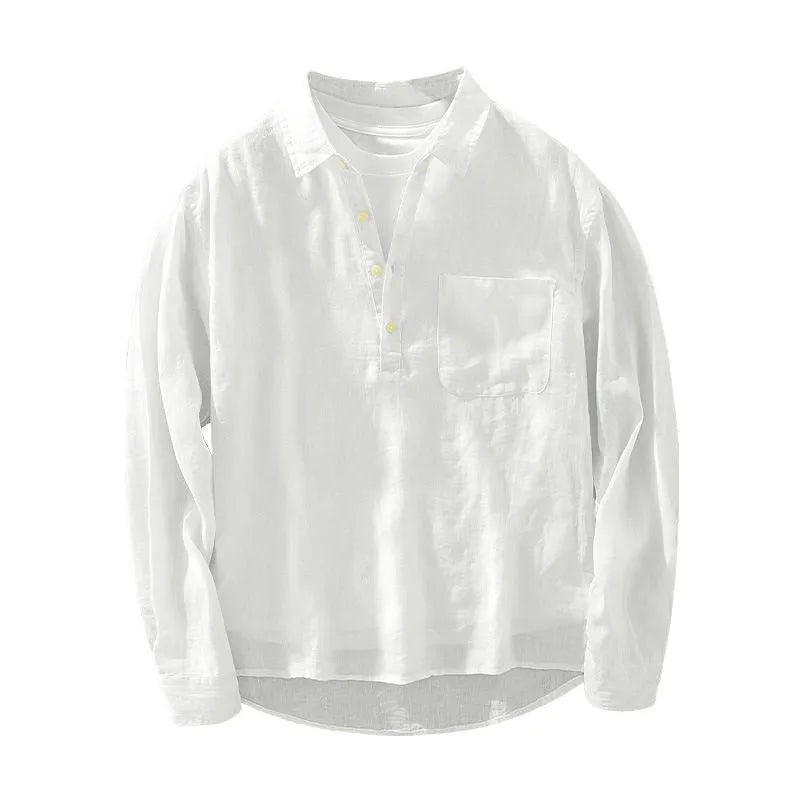 Men's Japanese-style retro long sleeve linen pullover shirt with square collar in white, loose fit