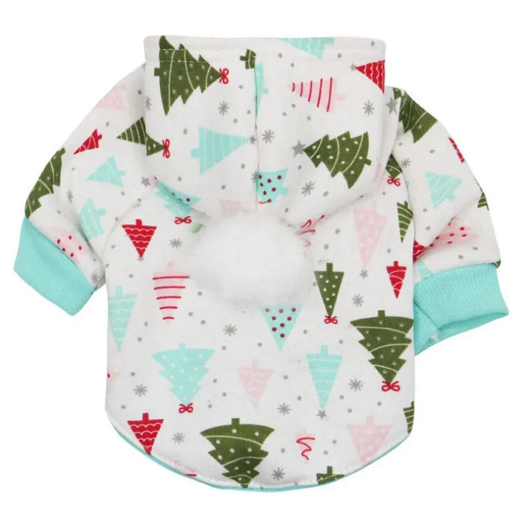 Fleece pet clothes in festive Christmas tree pattern for small dogs and cats, available in sizes XS to L