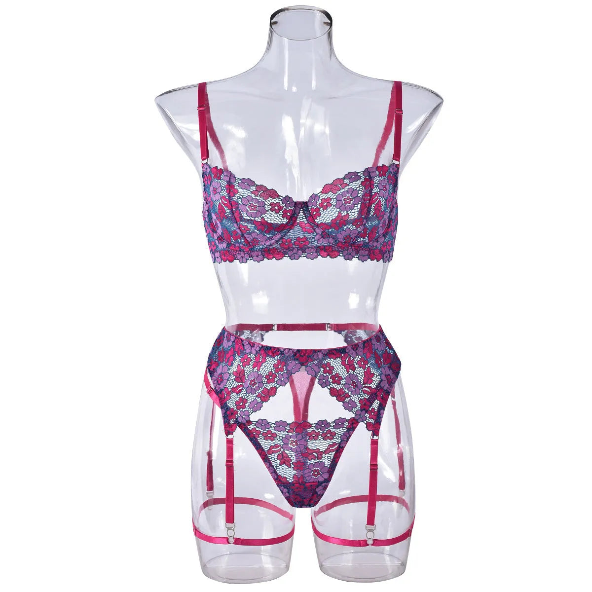 Rose red women's bikini swimwear set with embroidered contrast colour detail on mannequin