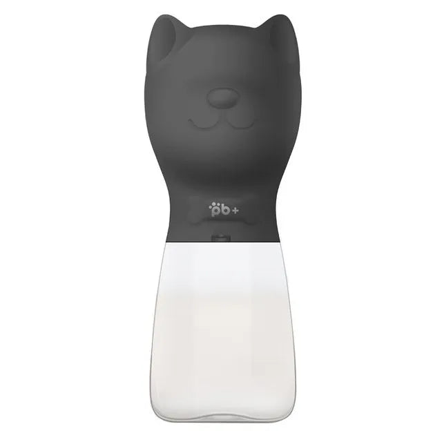 Portable pet dog drinker water bottle in black with automatic leak proof outdoor feeder for dogs and cats