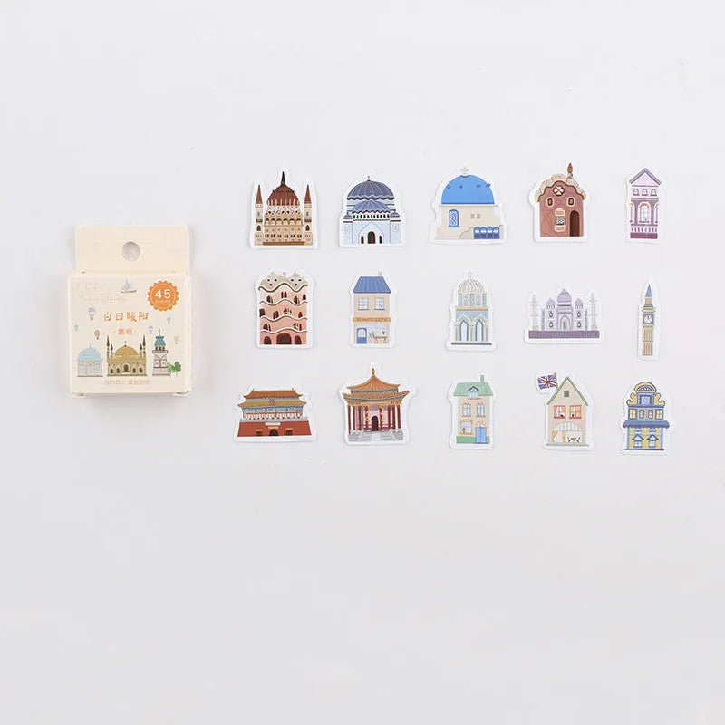 Boxed pack of 45 cartoon paper stickers with 15 patterns in 43x43mm size, featuring cute fruit designs