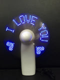 White handheld flashing fan with LED love pattern in blue and red, 10.8cm size