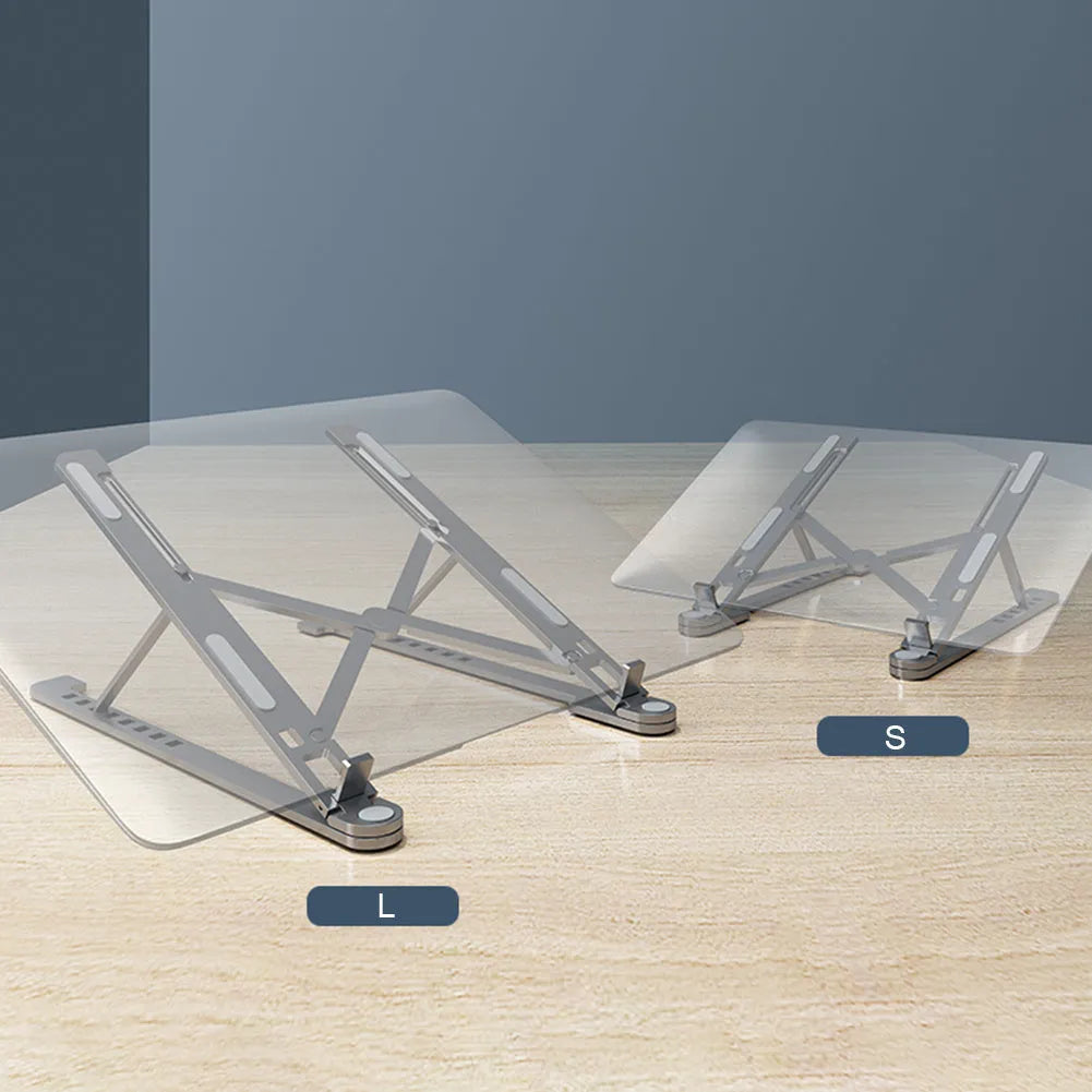 Aluminium alloy laptop stand in folded and extended positions, shown in silver colour.