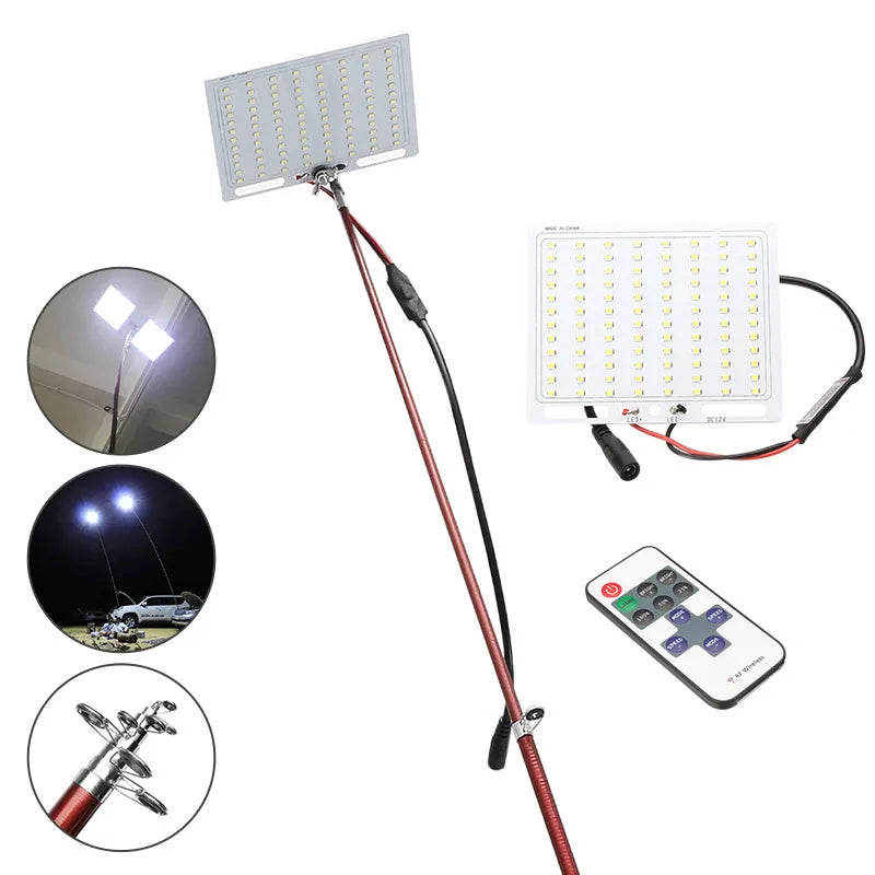 IP68 waterproof LED fishing rod light with telescopic pole and remote control on a 12V battery.