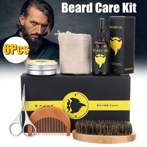 six-piece beard care kit with beard cream, beard oil, peach wood comb, bristle brush, stainless steel scissors, and linen bag on a wooden surface