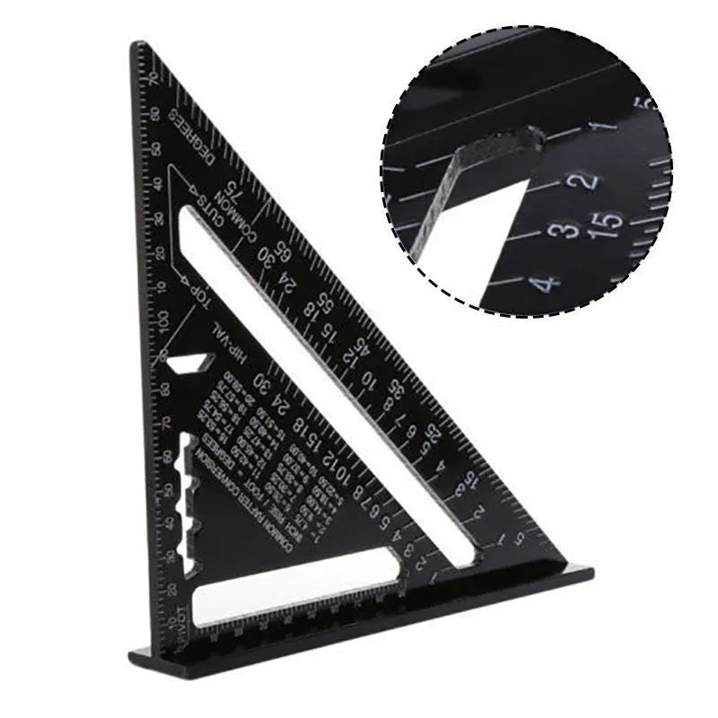 Aluminium alloy woodworking measuring square showing 7-inch triangle ruler with 90-degree angle measurement