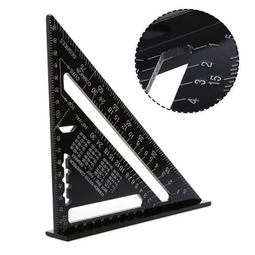 Aluminium alloy woodworking measuring square showing 7-inch triangle ruler with 90-degree angle measurement