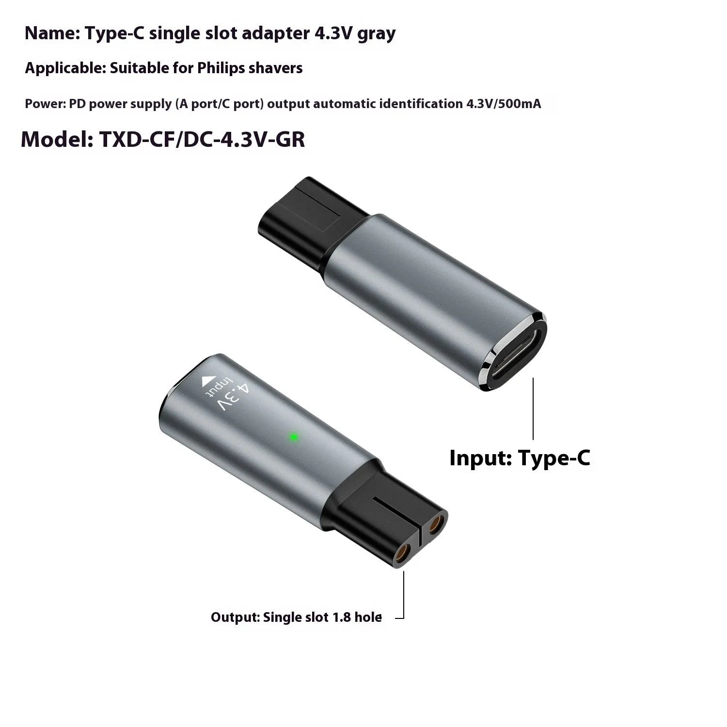 Black USB-C charging adapter for electric shavers with aluminium alloy casing and 4.3V 8W specifications
