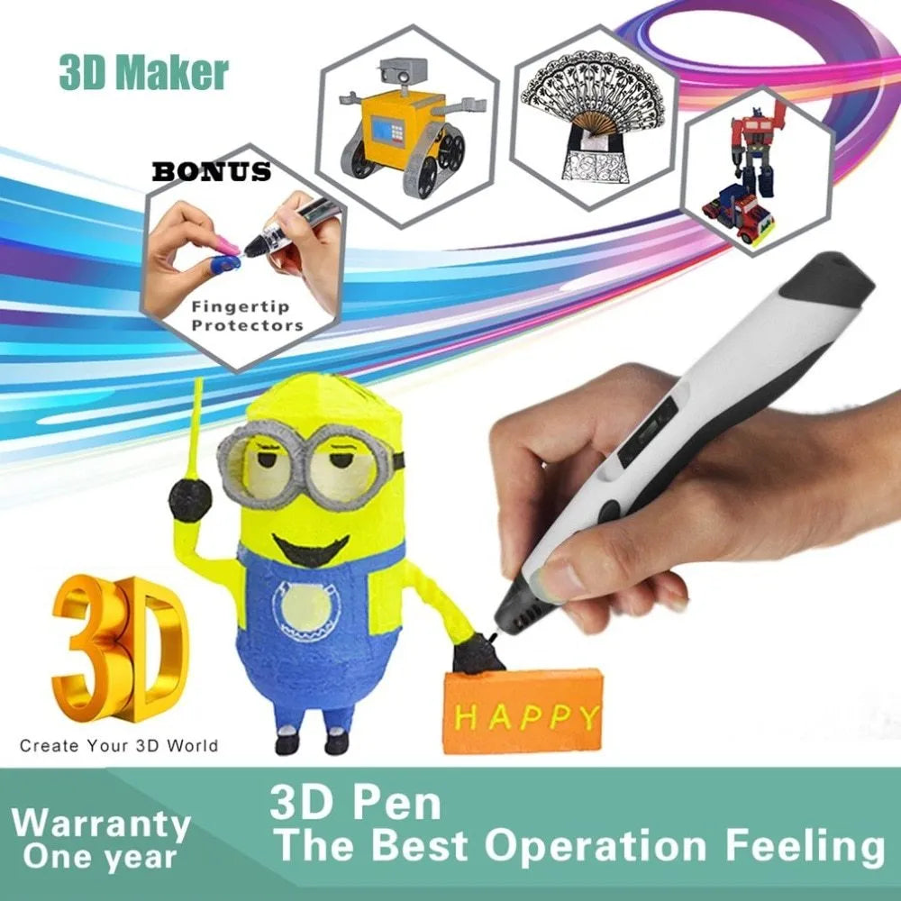 3D printing pen in black with plastic body, 180mm length, for handheld graffiti drawing