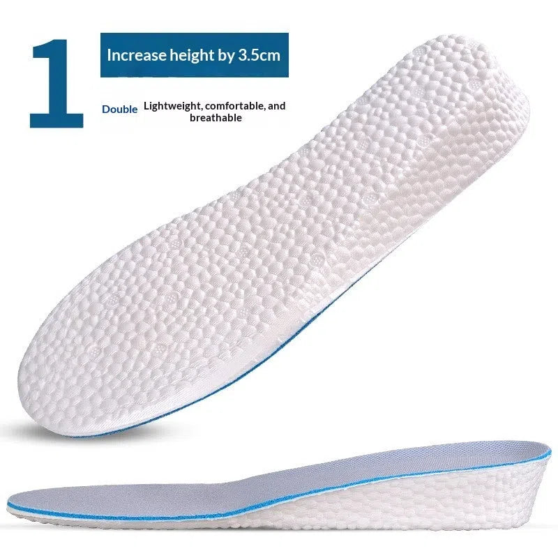 Pair of men's EVA height increasing insoles with full cushion surface and hard base in multiple lift heights