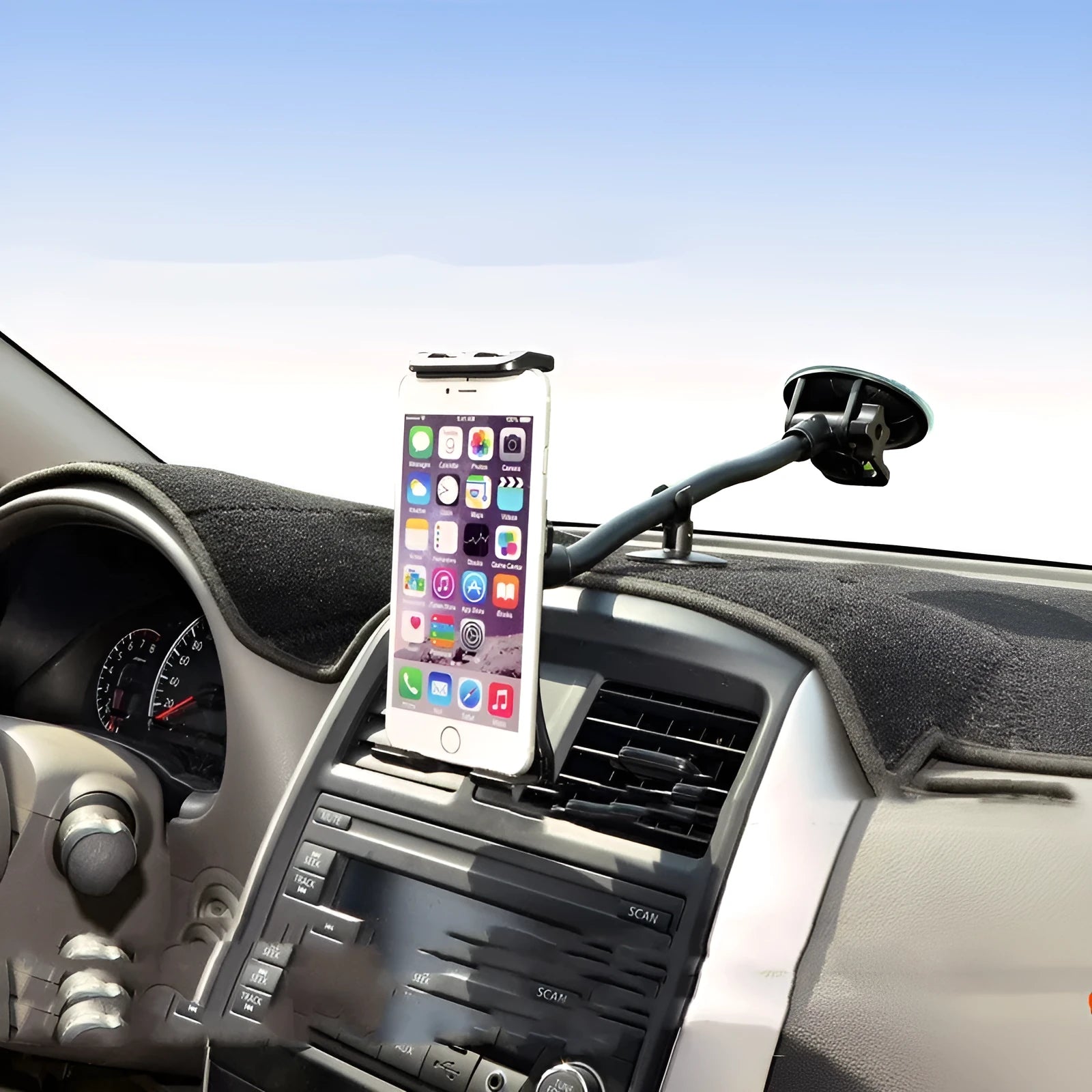 Black universal car mount holder for tablets and phones from 4 to 12 inches.